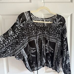 Free People Sheer Black White Floral Print Front Tie Top Mame Womens Size XS